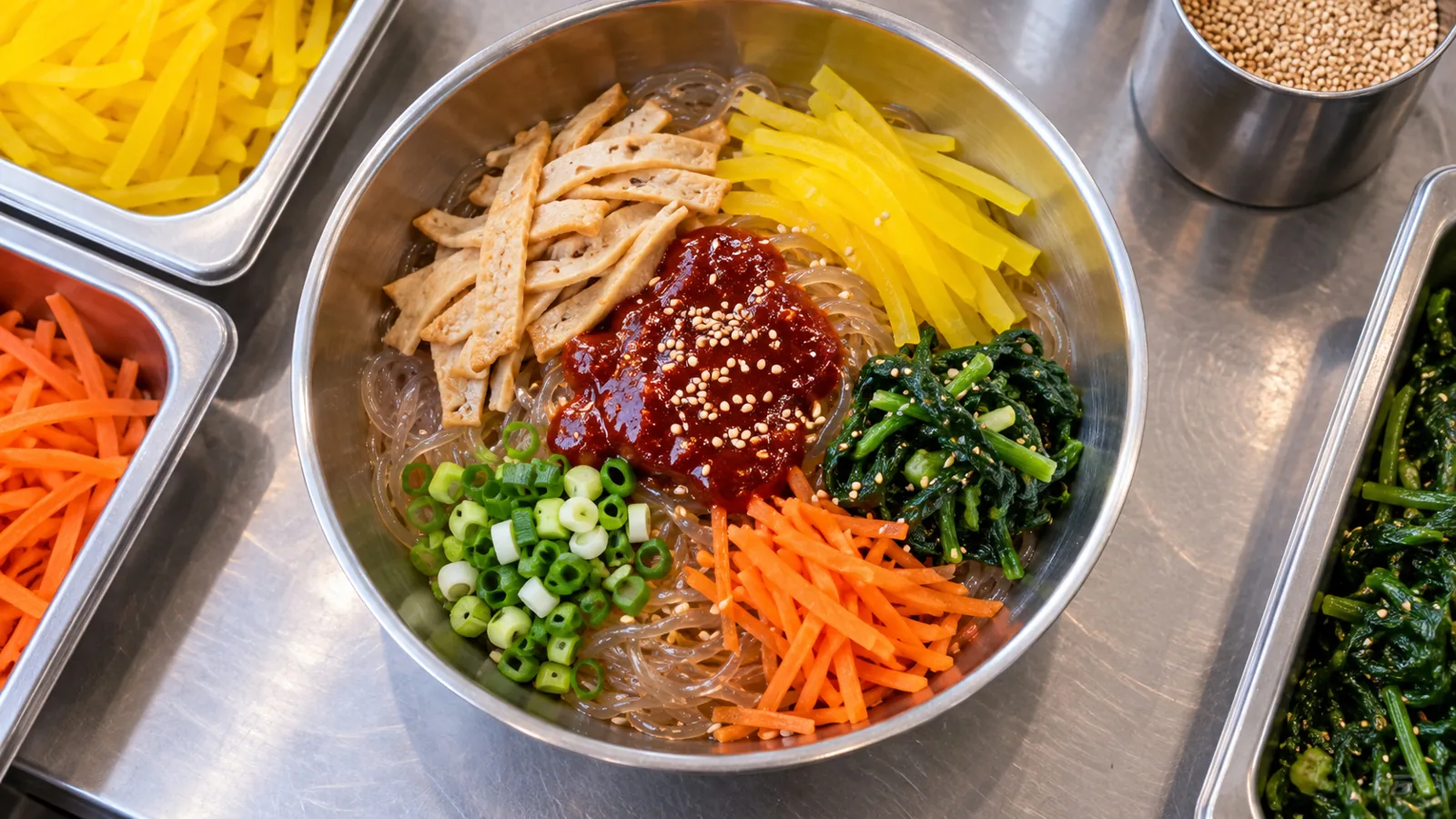 비빔당면 재료 — 삶은 당면 위에 어묵·단무지·시금치·당근과 양념장
