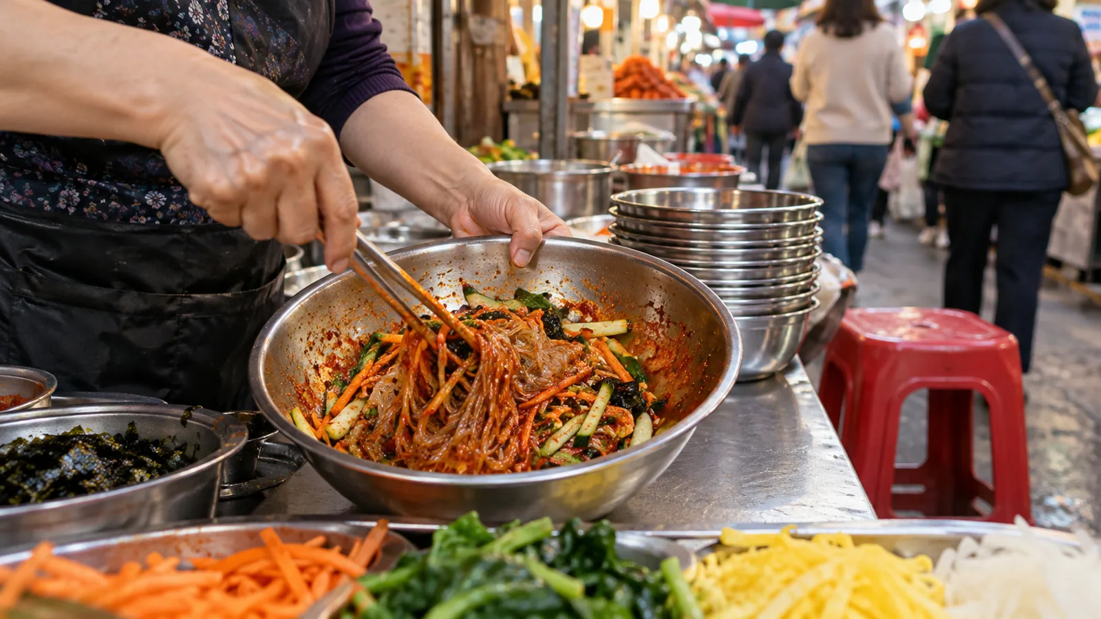 시장 좌판에서 비빔당면을 젓가락으로 비비는 모습