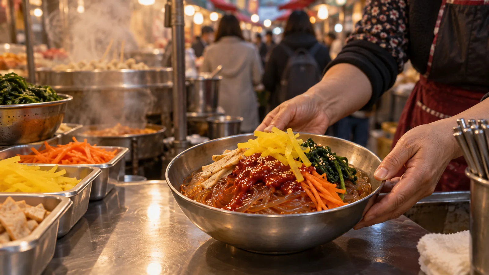 부산 시장 좌판에 놓인 비빔당면 한 그릇을 그린 일러스트