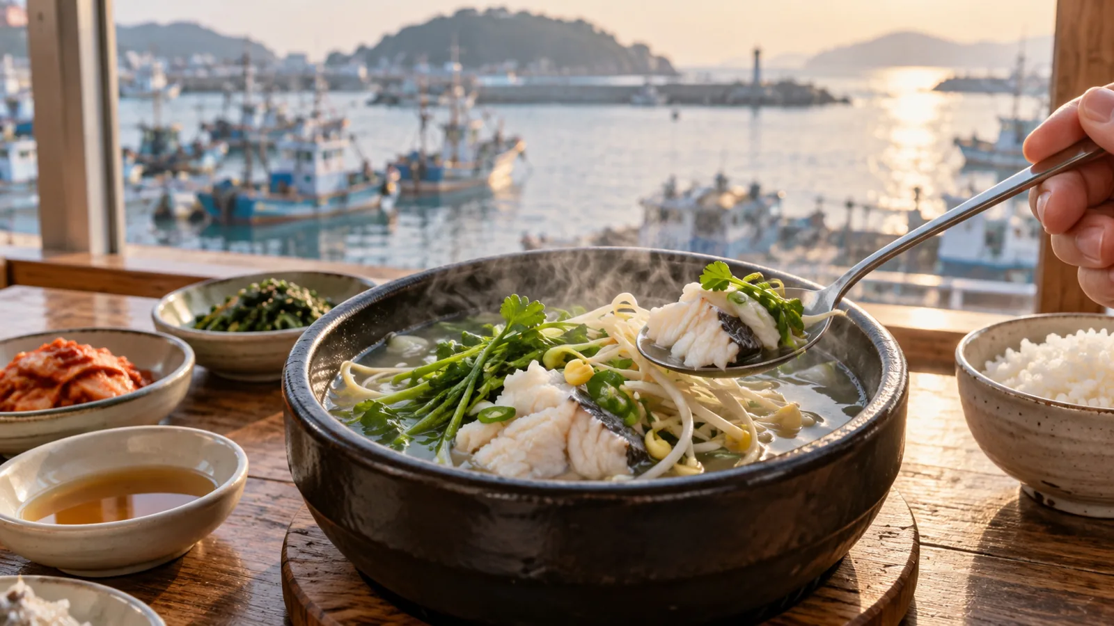 이른 아침 부산 바닷가 식당의 맑은 복국 한 그릇을 그린 일러스트