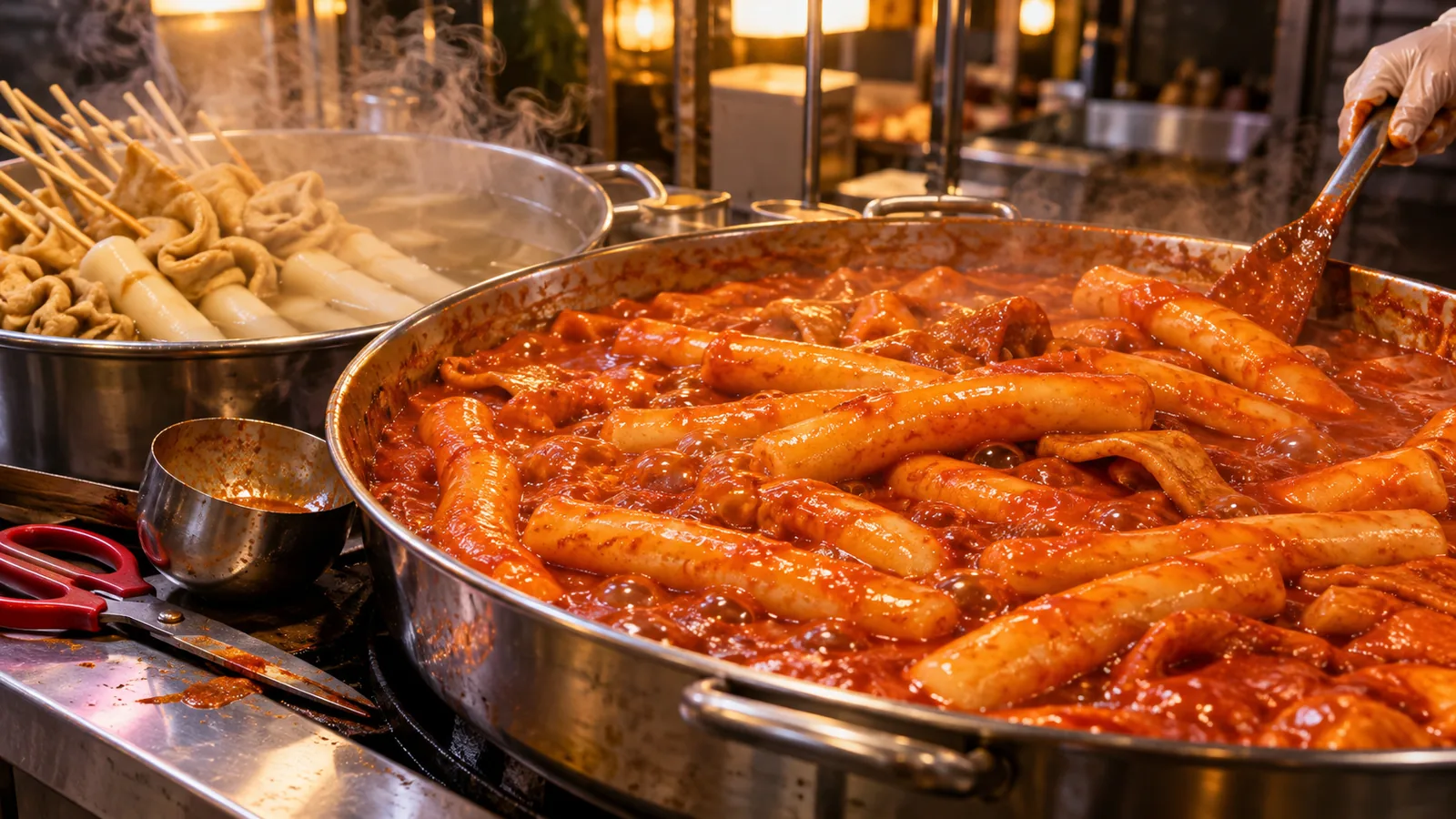 큰 철판에서 빨간 양념에 졸여지는 굵고 긴 가래떡 떡볶이