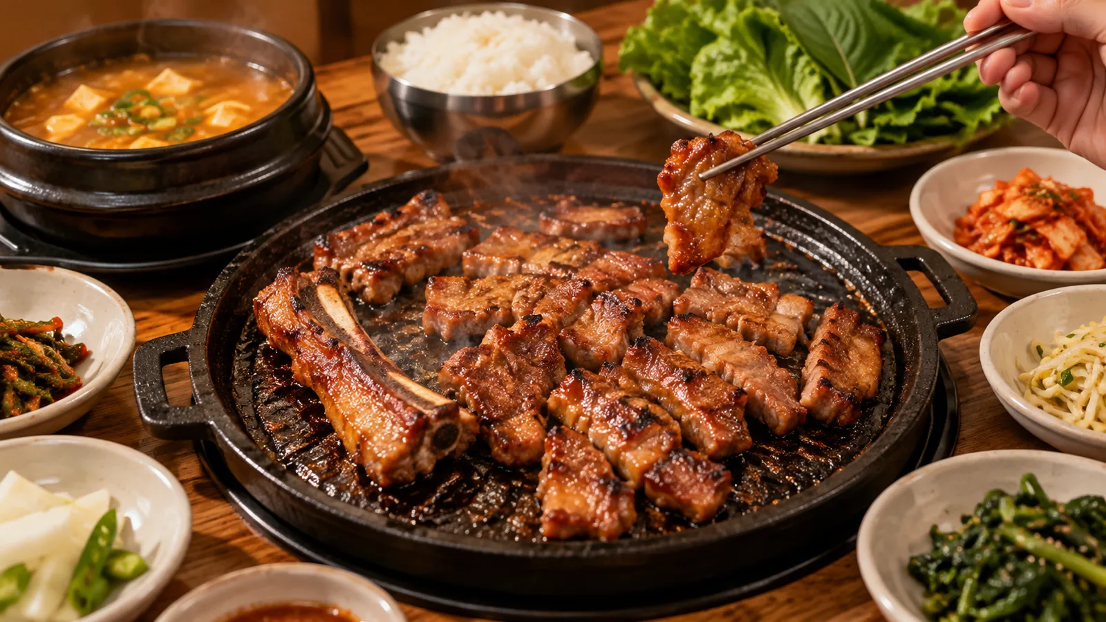 가위로 자른 양념 돼지갈비와 공깃밥, 된장찌개 한 상