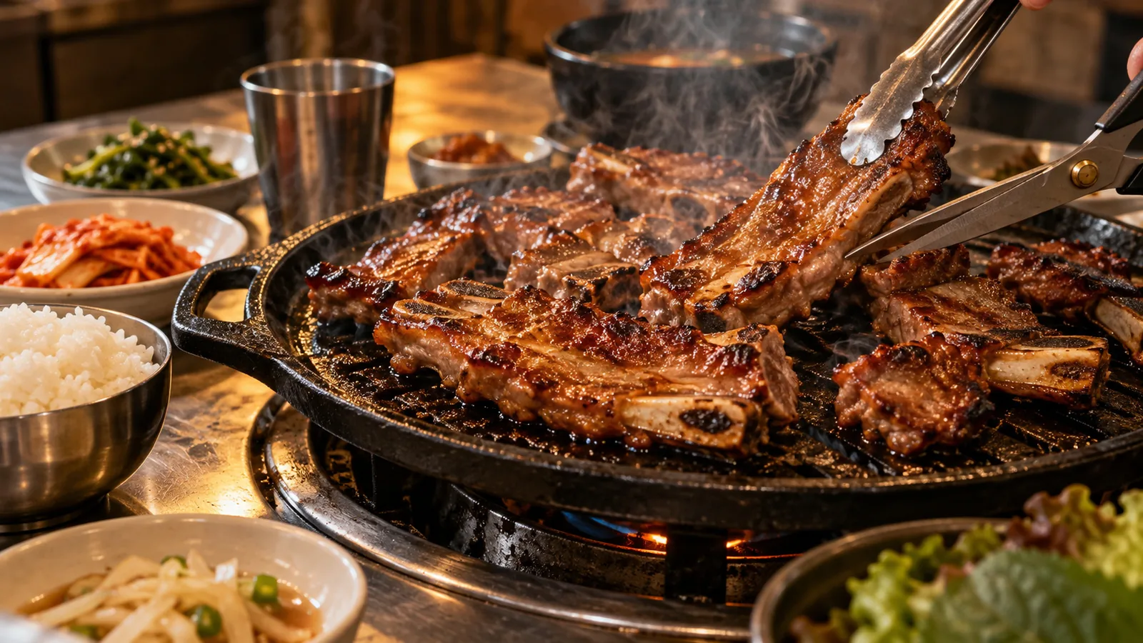 오래된 골목 식당의 무쇠 불판 위 양념 돼지갈비