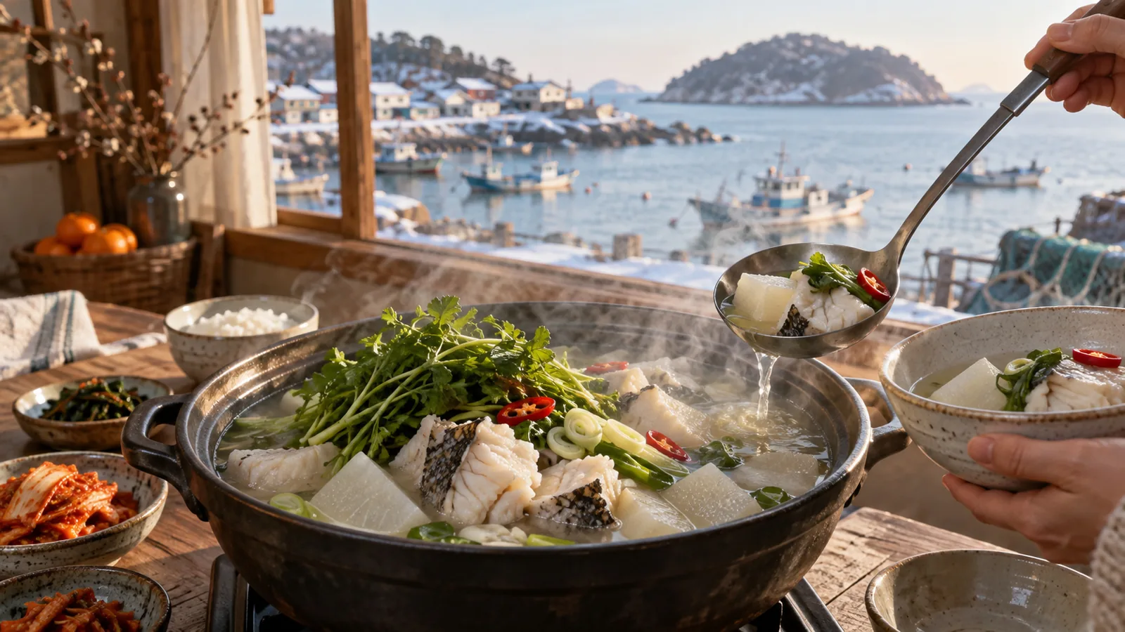 겨울 부산 바닷가 마을 식탁의 맑은 대구탕 한 냄비를 그린 일러스트