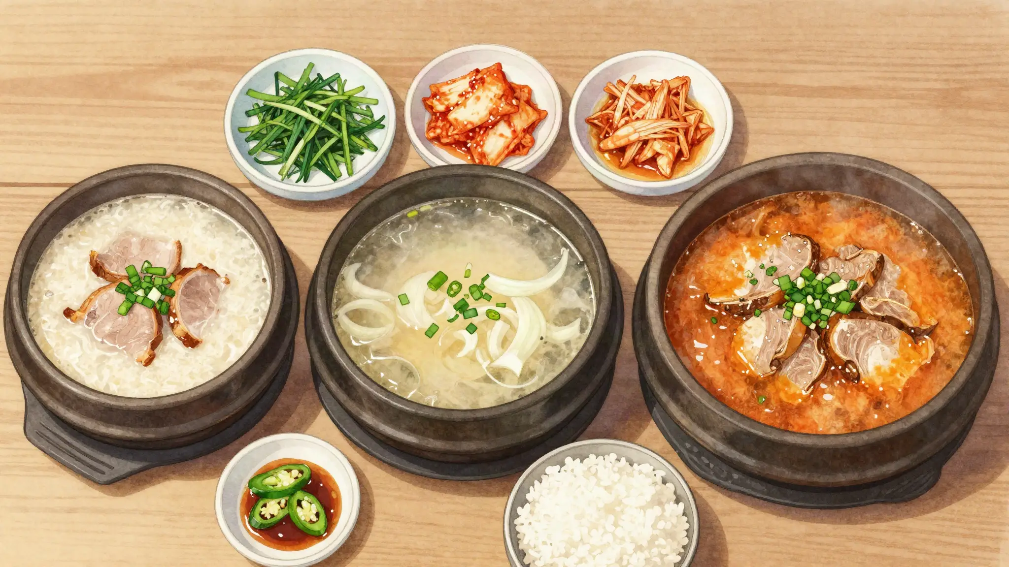 뽀얀 국물, 맑은 국물, 붉은 양념 국물의 돼지국밥 세 그릇과 새우젓·부추무침 등 곁들임 일러스트