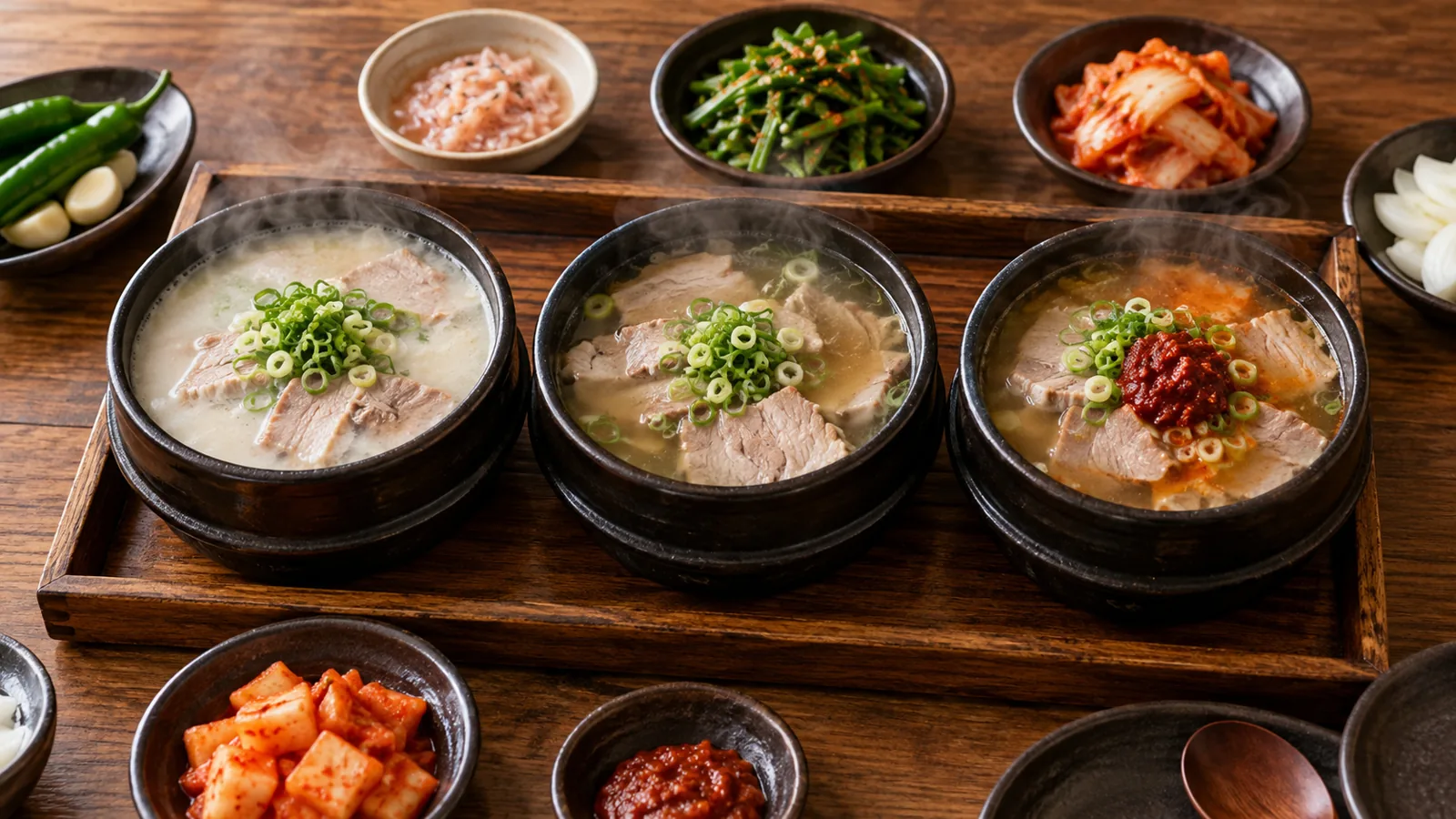작은 뚝배기 세 그릇에 서로 다른 맛의 돼지국밥을 담은 맛보기 상차림