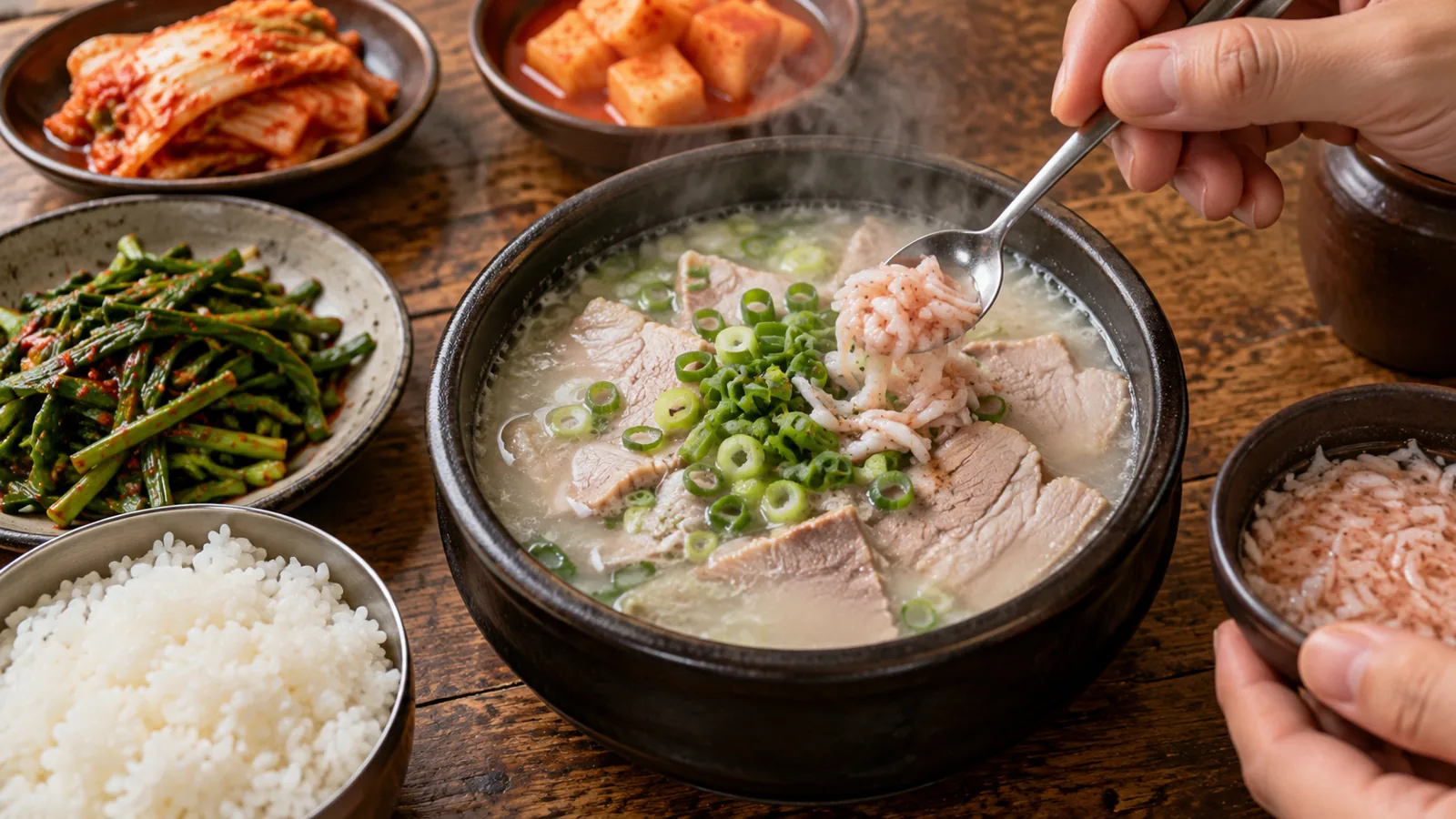 부산 돼지국밥에 새우젓과 부추무침을 넣어 간을 맞추는 모습