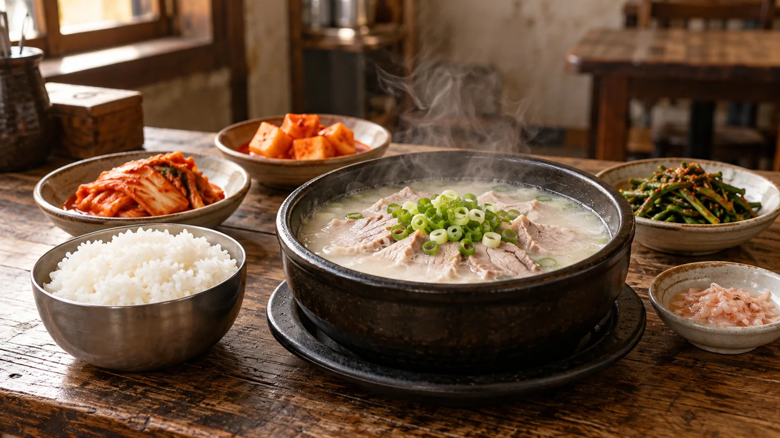 뚝배기에 담긴 부산 돼지국밥과 김치·깍두기·부추무침·새우젓 한 상