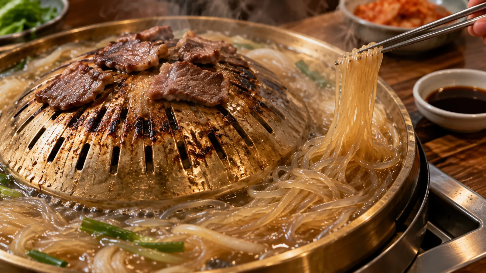 볼록한 불판 둘레 육즙에 끓인 감자 국수 사리