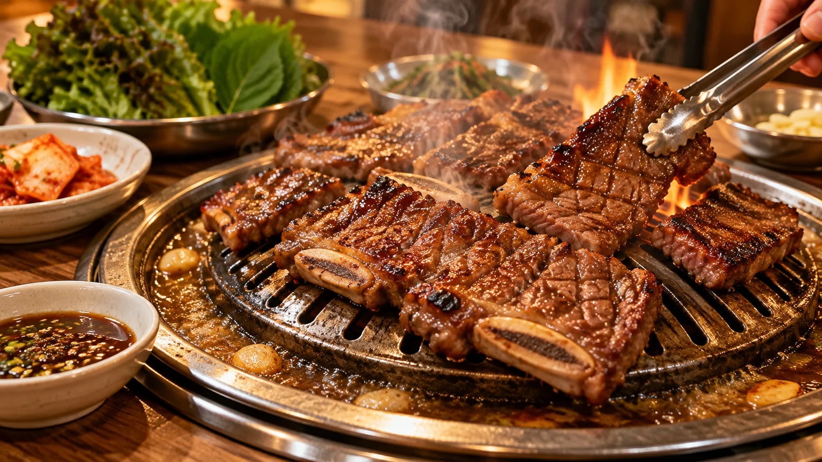 볼록한 불판 위에서 구워지는 칼집 낸 소갈비