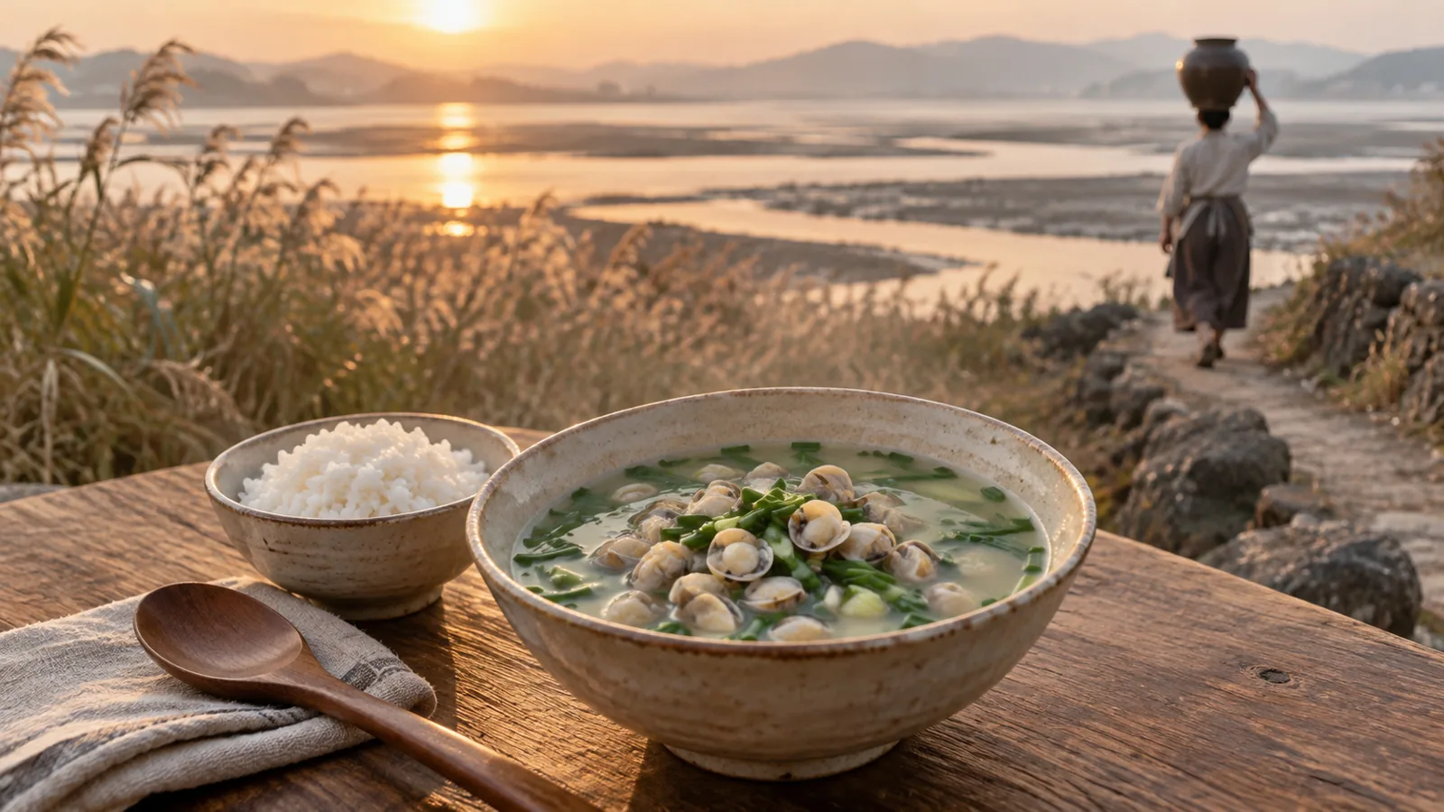 이른 아침 낙동강 하구를 배경으로 놓인 부추 띄운 재첩국 한 그릇을 그린 일러스트