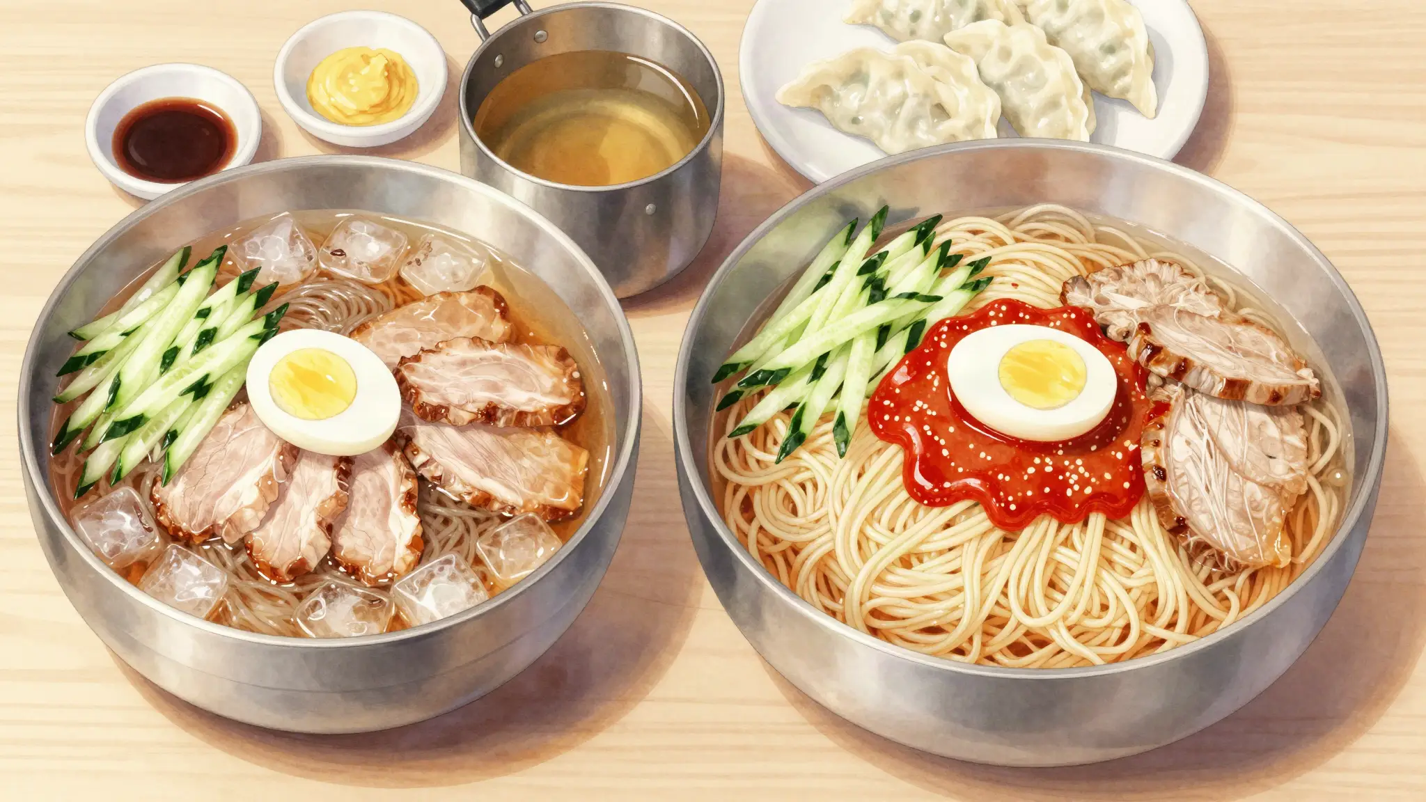 물밀면과 비빔밀면, 따뜻한 육수 주전자와 만두를 함께 차린 밀면 한 상 일러스트