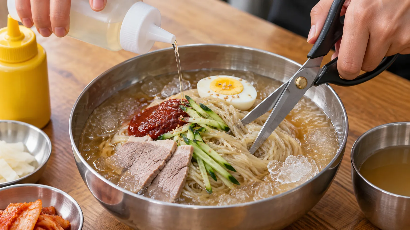 부산 밀면에 식초와 겨자를 넣고 가위로 면을 자르는 모습