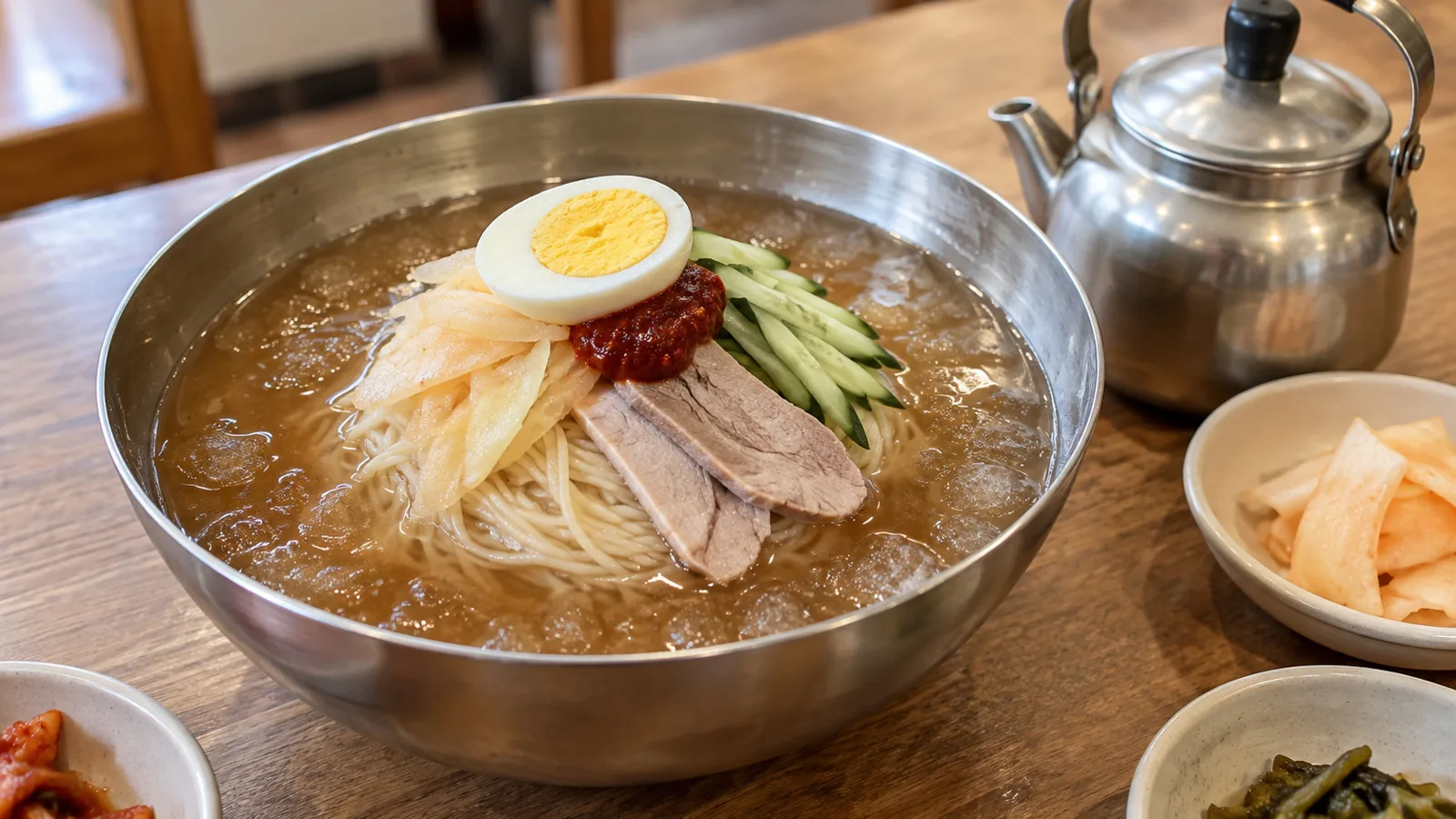 살얼음 육수에 삶은 달걀과 오이, 고기, 빨간 양념을 올린 부산 밀면 한 그릇