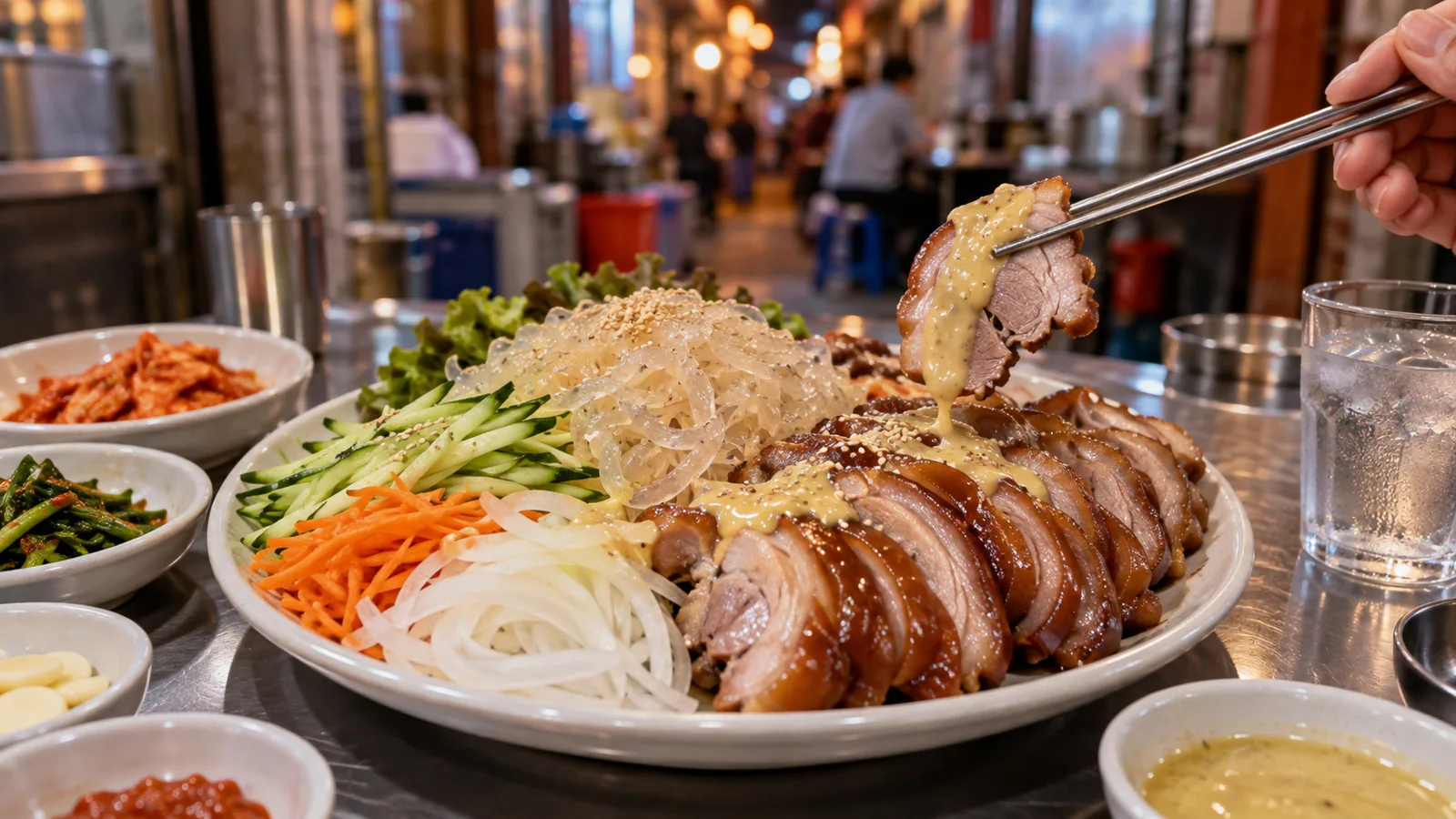 부산 부평동 골목 식당 식탁에 놓인 냉채족발 한 접시를 그린 일러스트
