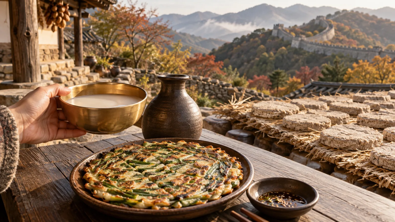 금정산 산성마을의 막걸리 한 사발과 원반 모양 누룩을 상상해 그린 이미지