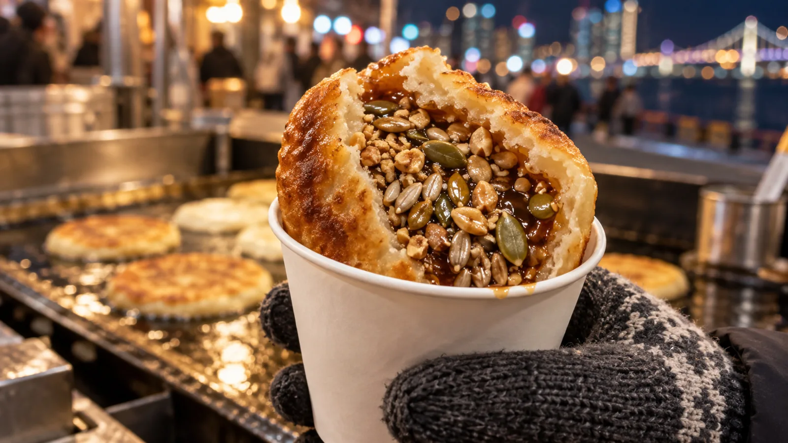 겨울 저녁 부산 남포동 거리에서 견과류를 채운 씨앗호떡을 종이컵에 담아 든 손을 상상해 그린 일러스트