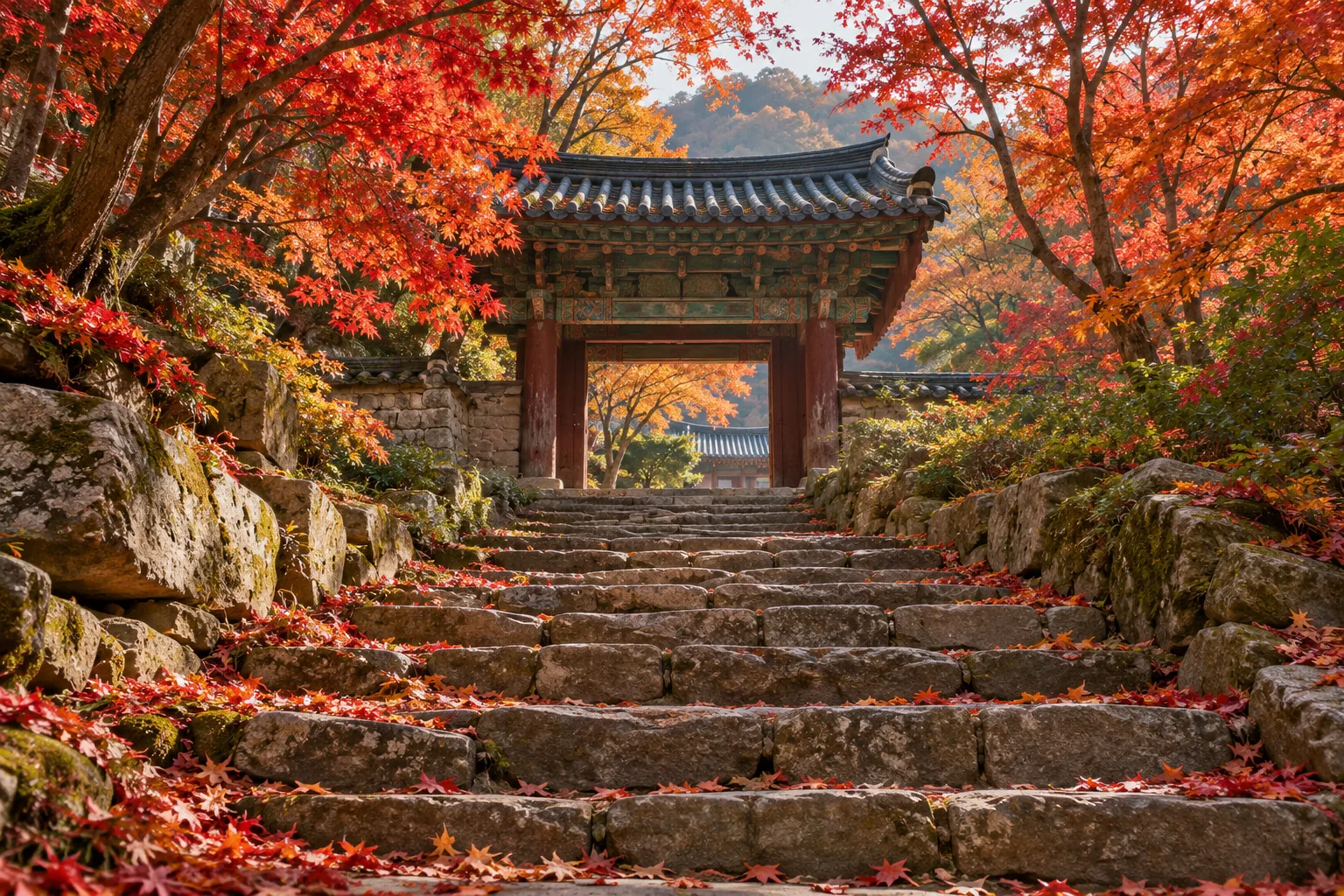 단풍이 물든 산사 돌계단과 기와 일주문