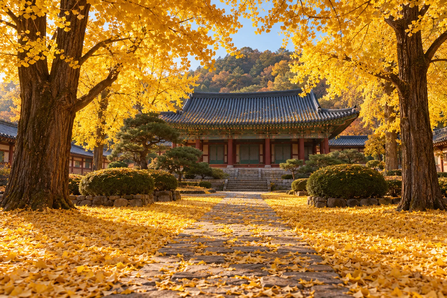 노란 은행잎이 깔린 전통 사당 마당