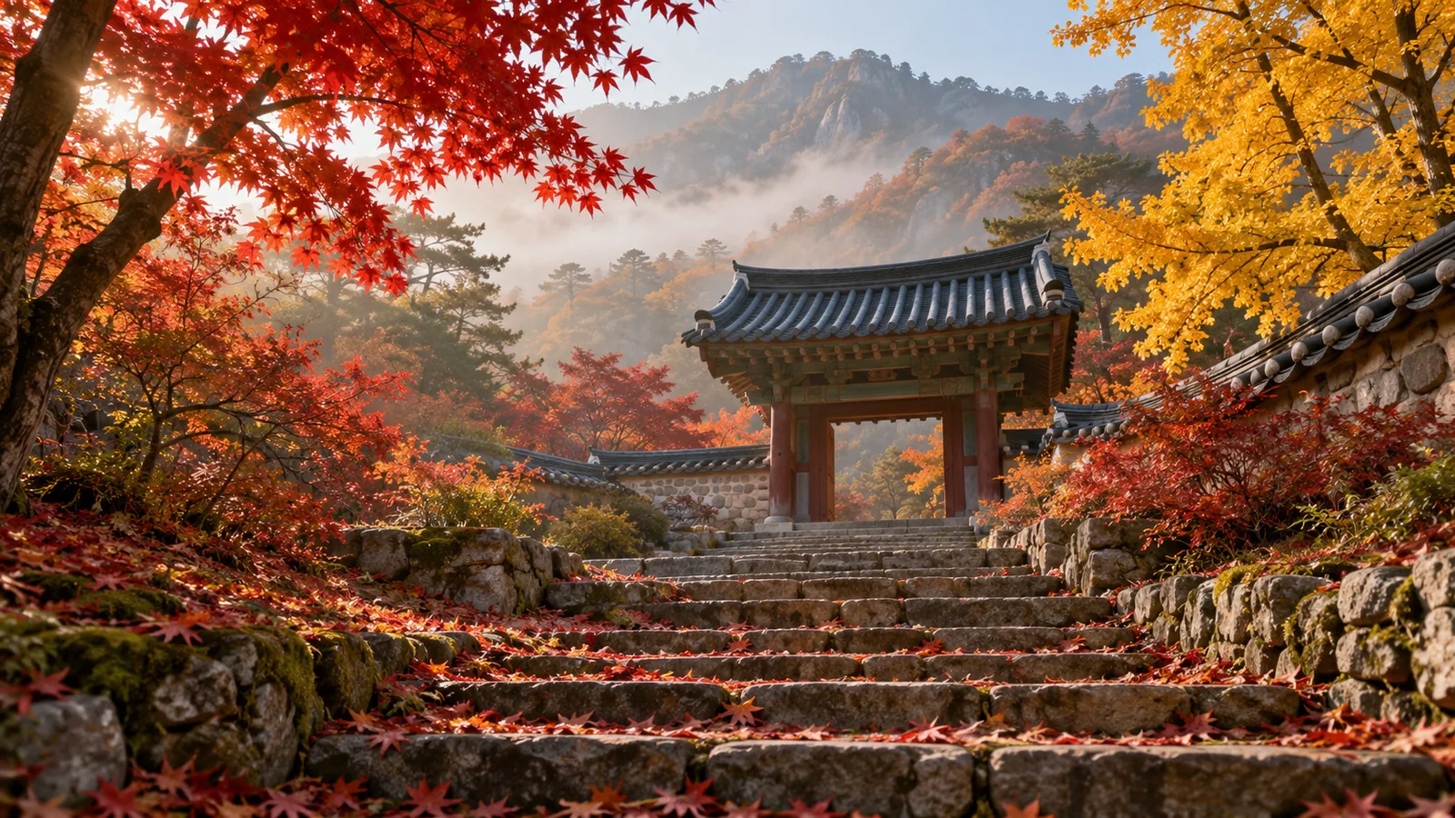 붉고 노란 단풍이 물든 산사 돌계단과 기와 지붕