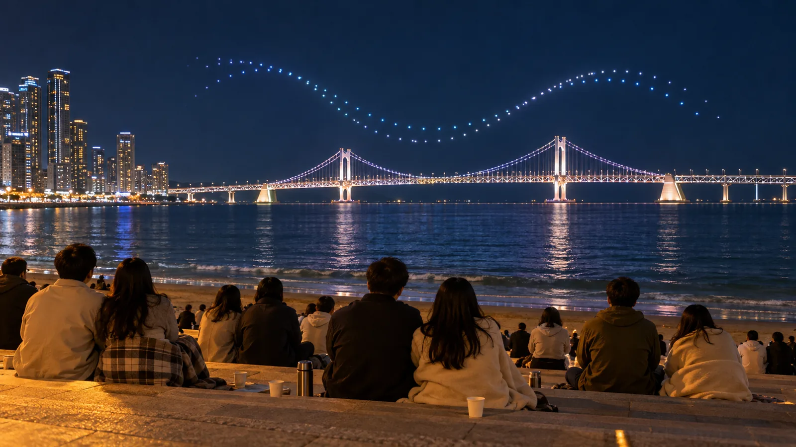 광안리 해변 계단에 앉아 바다 위 드론 불빛을 올려다보는 관람객들의 뒷모습