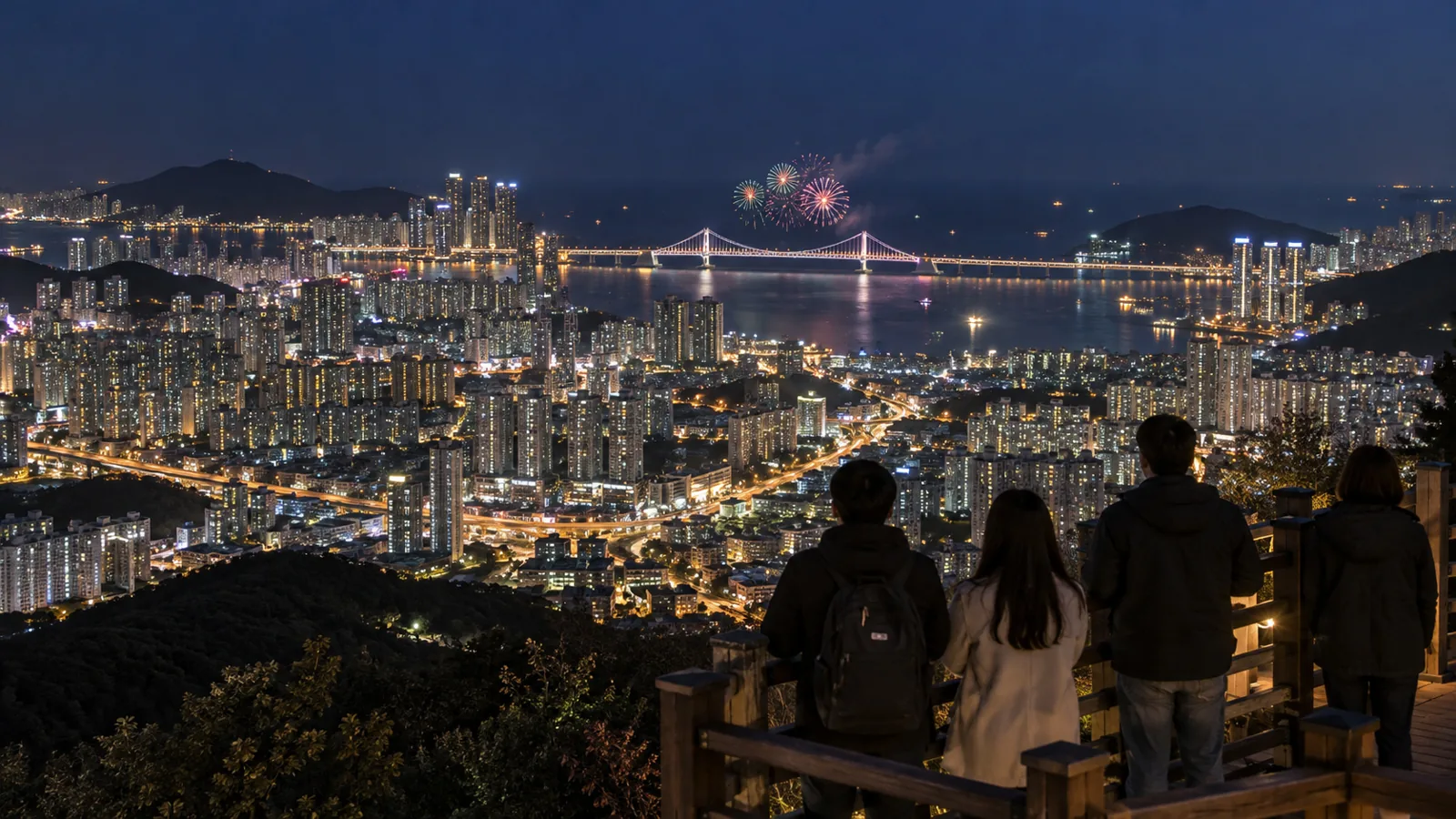 황령산 봉수대에서 내려다본 부산 야경과 광안대교 불꽃