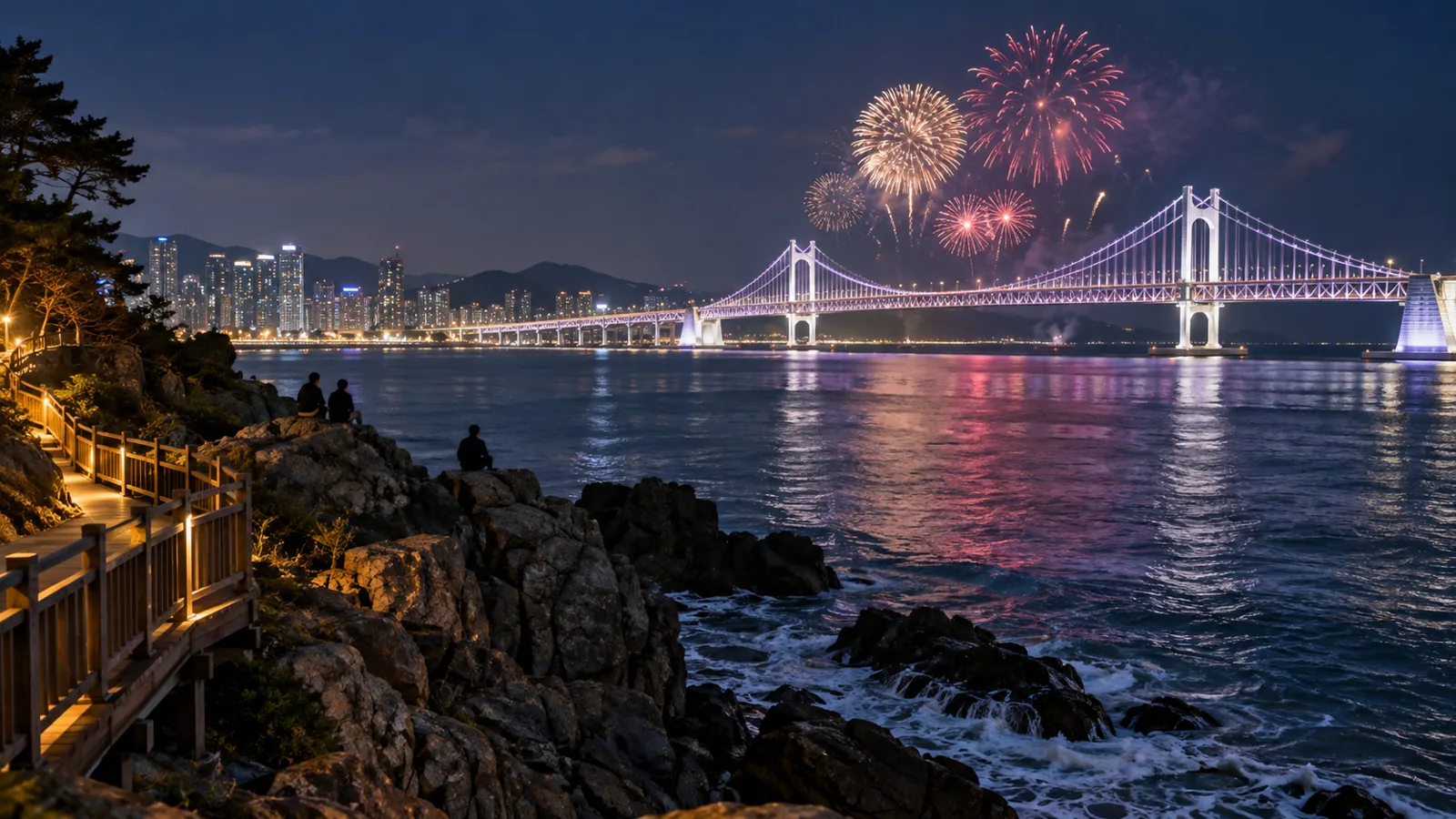 이기대 해안산책로 바위 위에서 옆으로 본 광안대교와 불꽃
