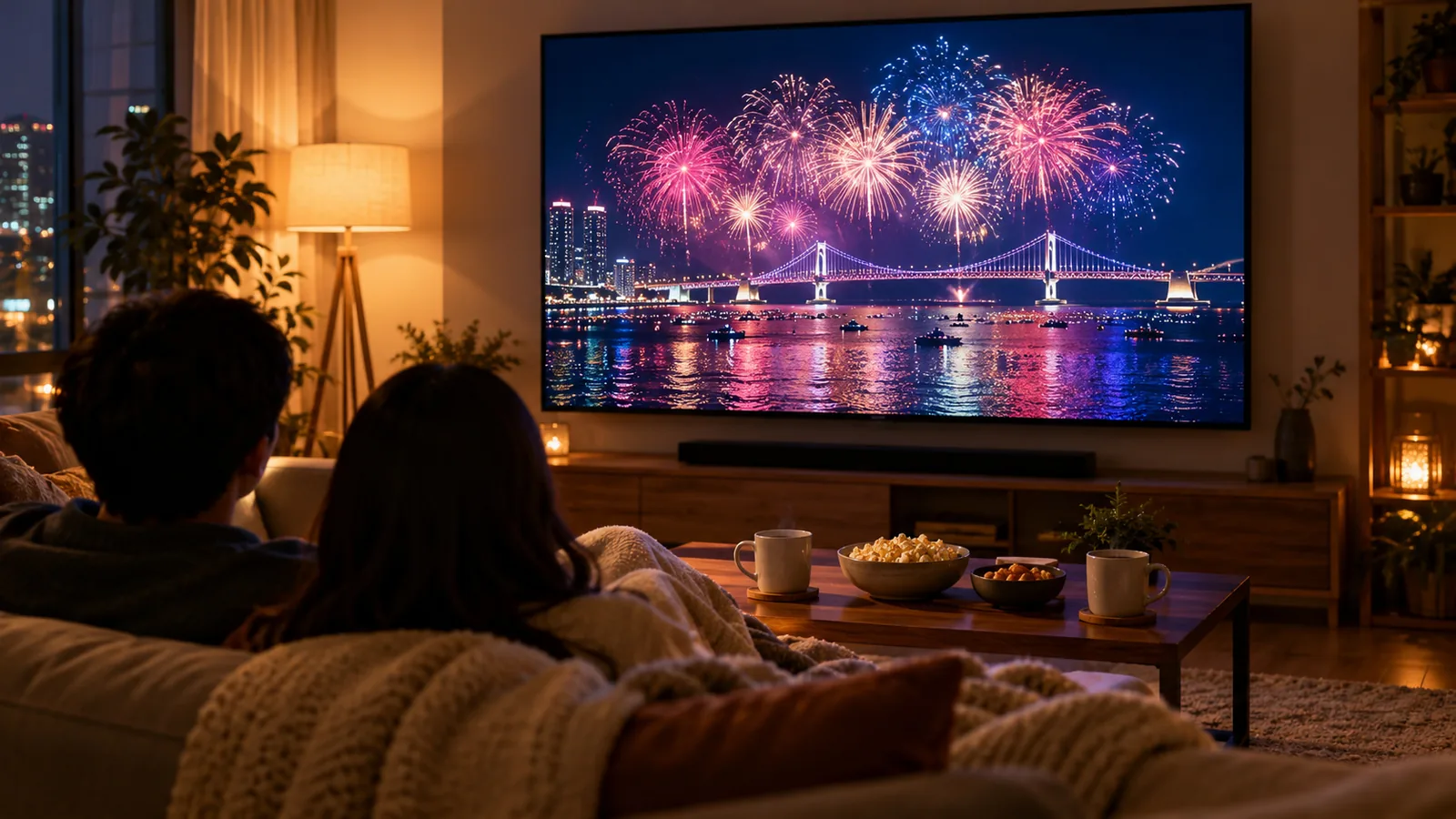 Watching the fireworks festival live stream on a living room TV