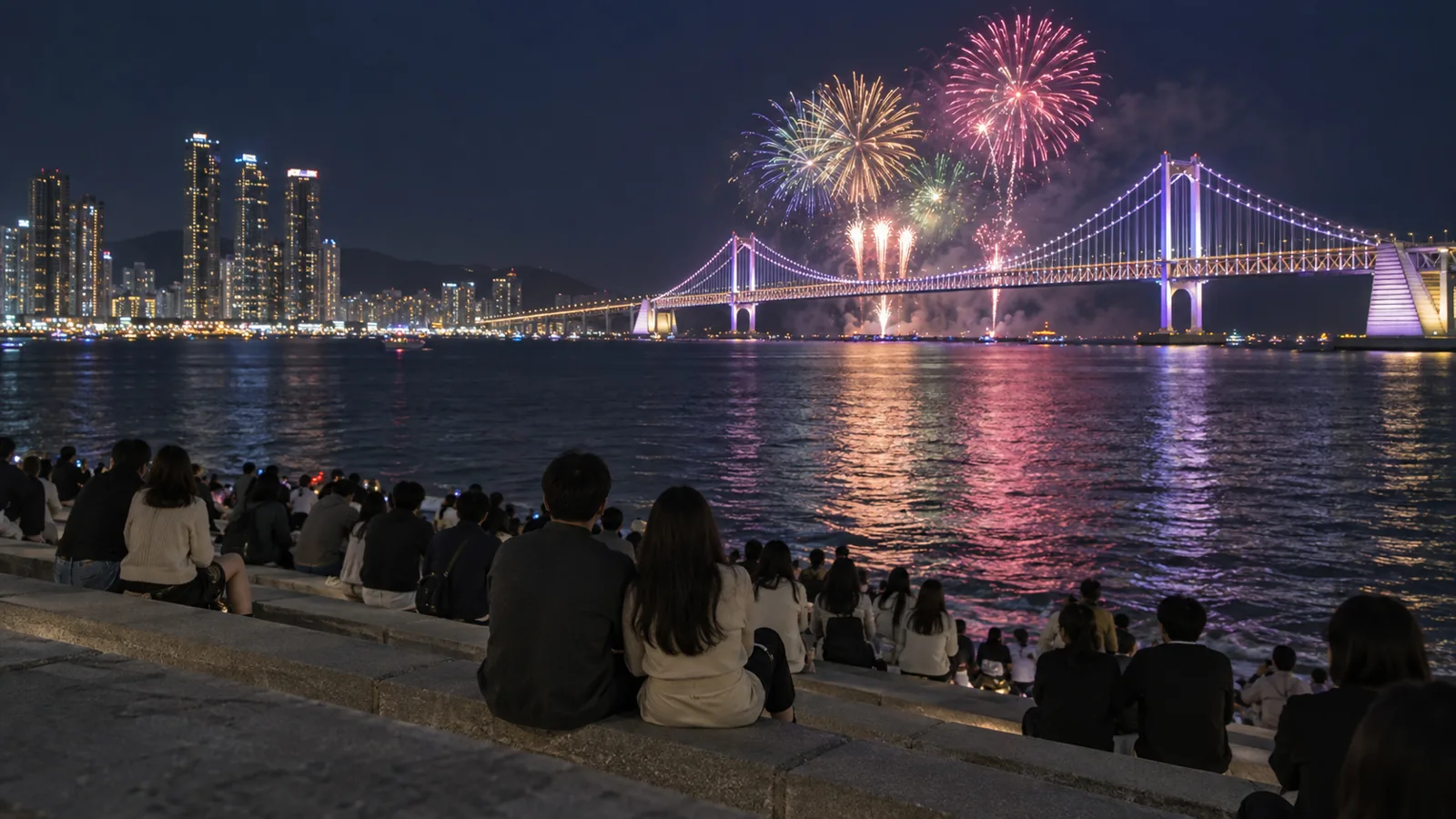 민락수변공원 계단에서 비스듬히 본 광안대교 불꽃