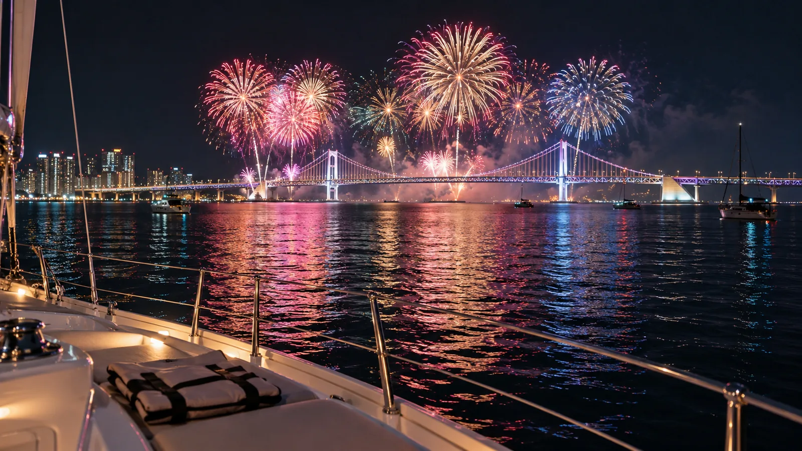 Gwangan Bridge and fireworks seen from a yacht off Gwangalli