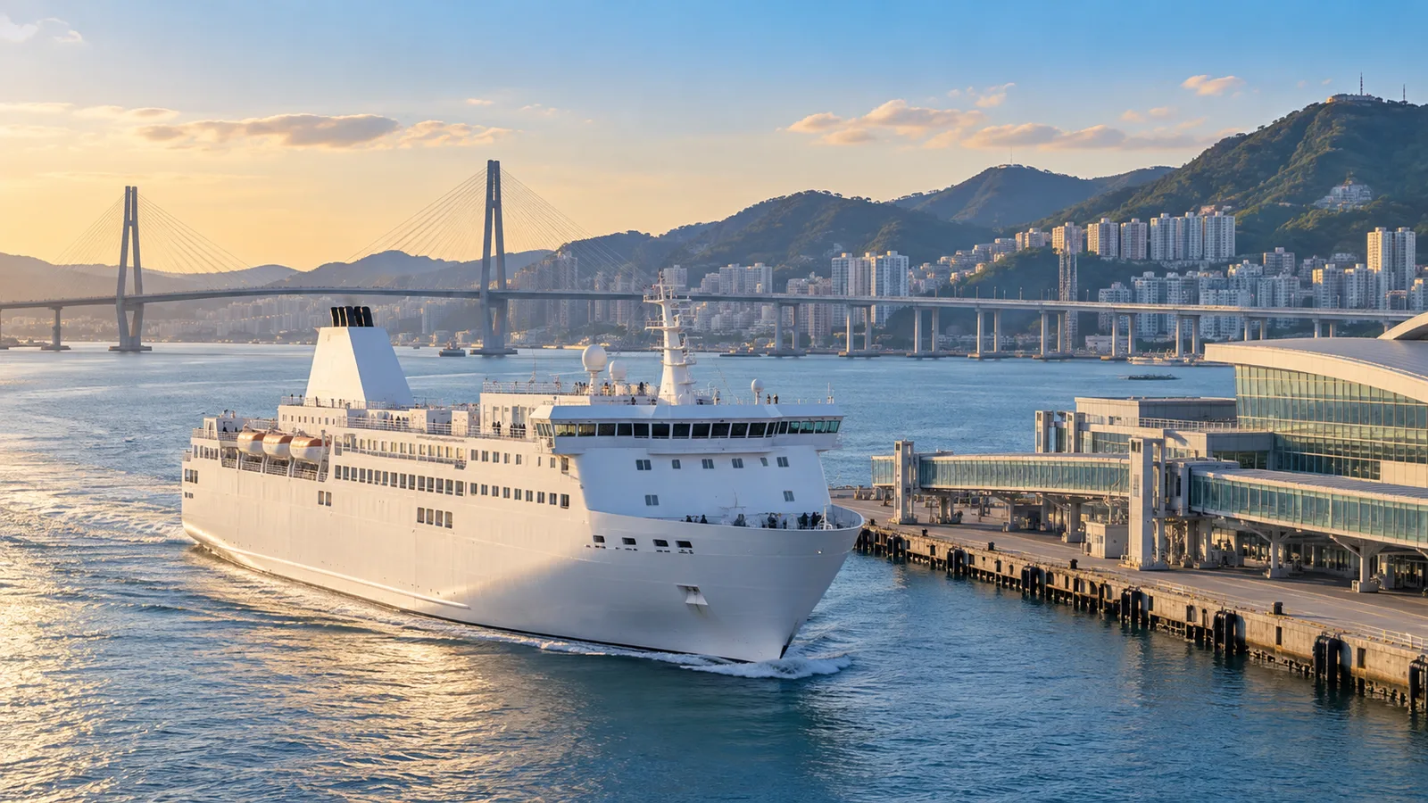 Passenger ferry arriving at a harbor terminal