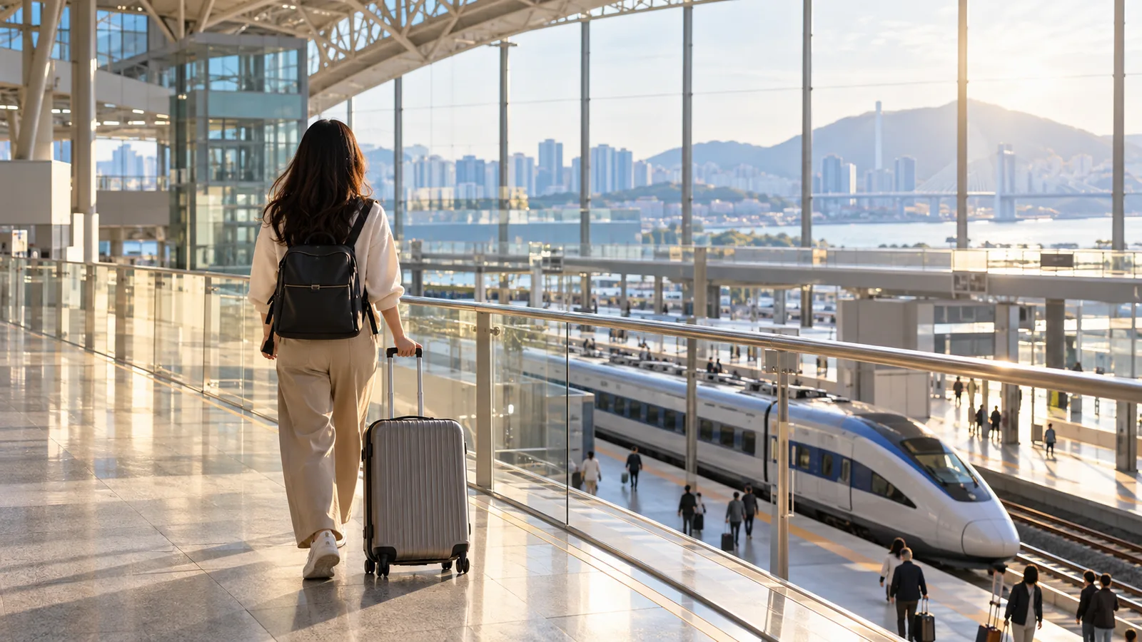 Traveler with a suitcase walking through a bright train station concourse