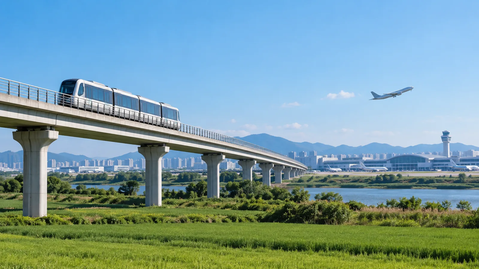 Elevated light-rail train passing near an airport